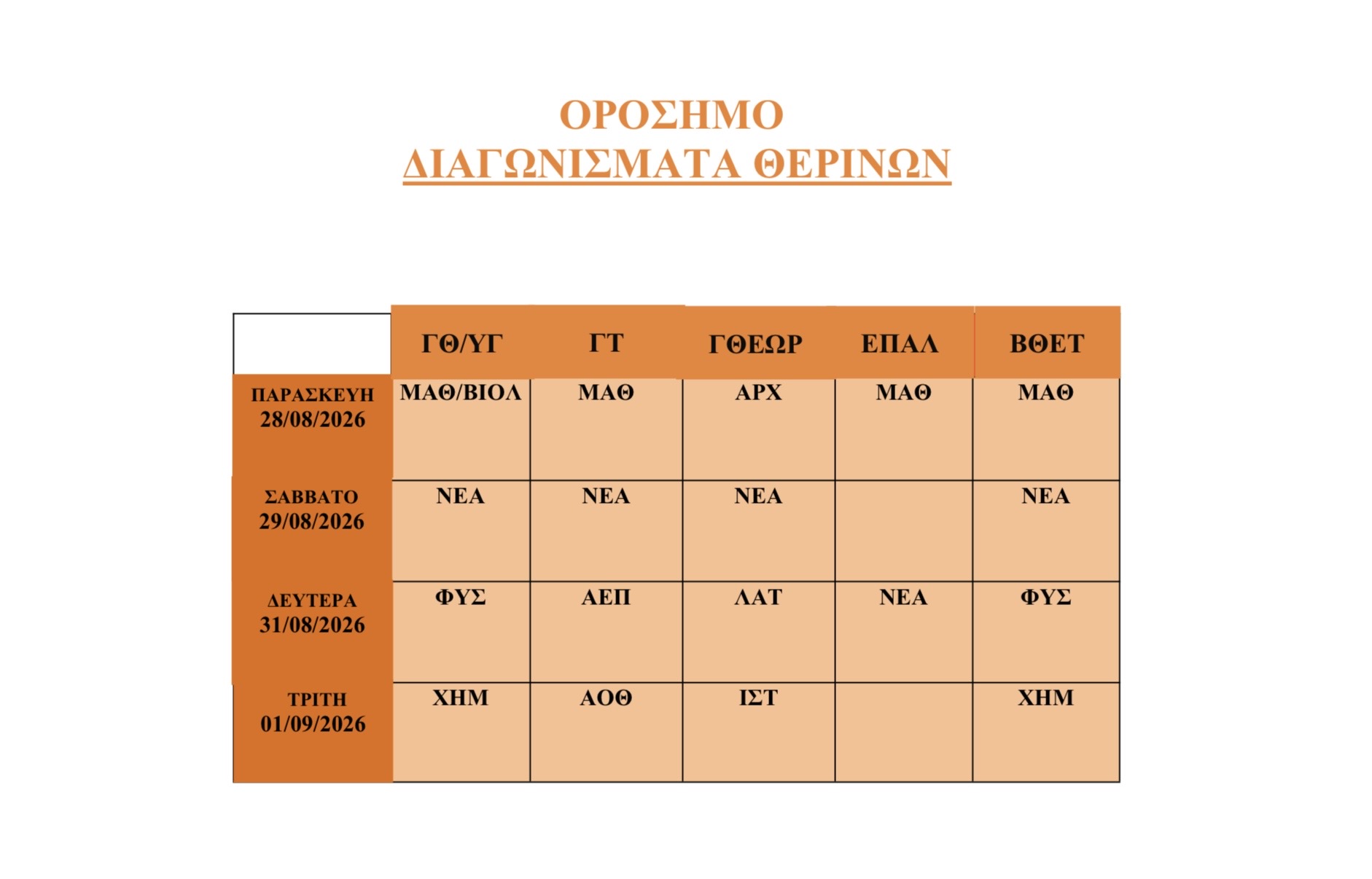 ΠΡΟΓΡΑΜΜΑ ΔΙΑΓΩΝΙΣΜΑΤΩΝ ΘΕΡΙΝΩΝ